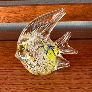 Murano Style Angel fish Paperweight Blown Glass Clear Yellow White 4” x 4”